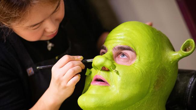 Behind the scenes of Shrek in Melbourne at Her Majesty's Theatre and the process of `going green' for actor Ben Mingay. Picture: Mark Stewart