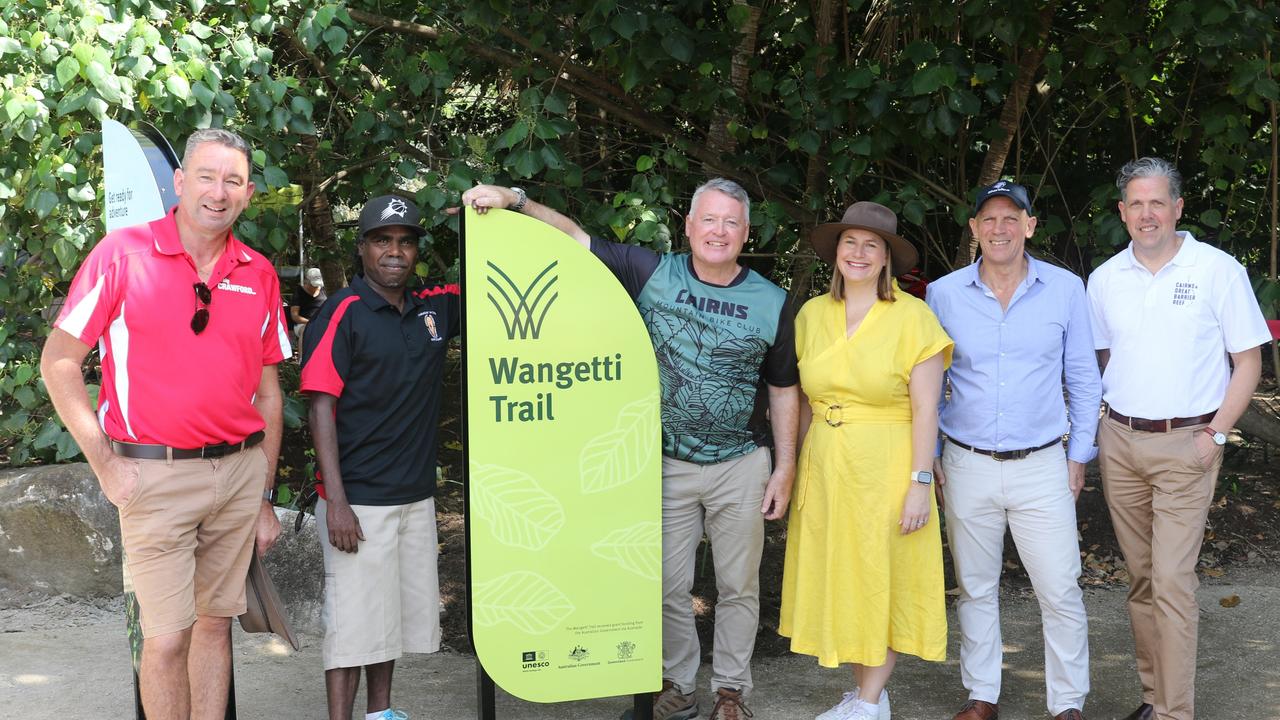 Member for Barron River, Craig Crawford, Djabugay Nation Applicant Group's Richard Bing, Member for Cairns Michael Healy, Senator Nita Green, former ALP candidate for Mulgrave, Richie Bates and Tourism Tropical North Queensland CEO Mark Olsen at the opening of Stage One of the Wangetti Trail last September.