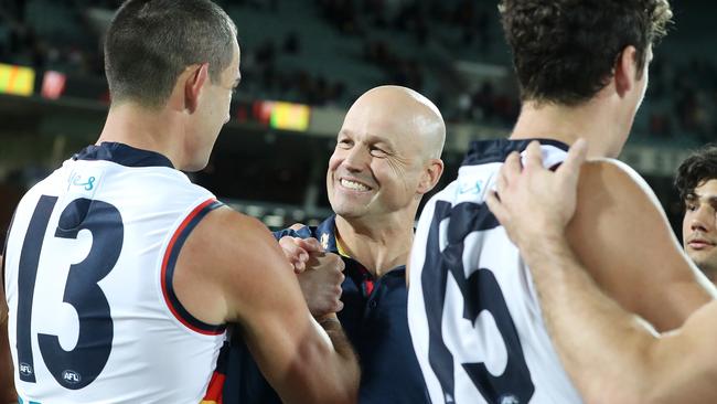 Matthew Nicks and Taylor Walker after the Crows’ drought-breaking win in 2020. Picture: Sarah Reed