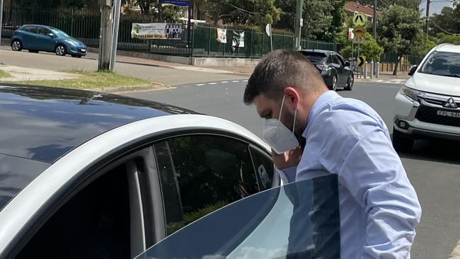 James Kalantzis, a sergeant in a specialist police command got into his Tesla after he left Sutherland Local Court. Picture: Ashleigh Tullis