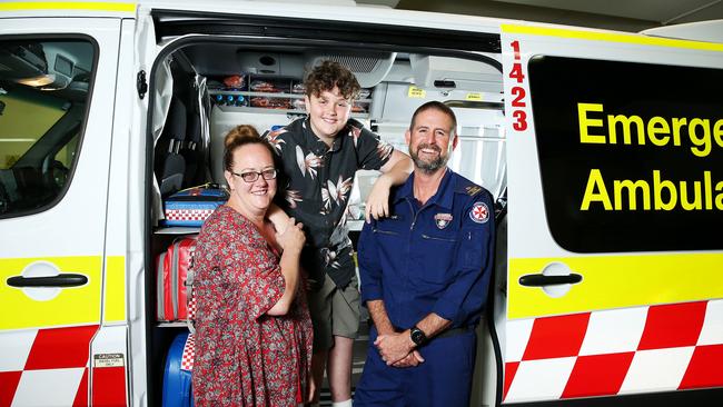 Harry Stewart with his mum Allison Pratt and Syd Francis, NSW Ambulance intensive care paramedic who saved Harry's life. Picture: Tim Hunter.