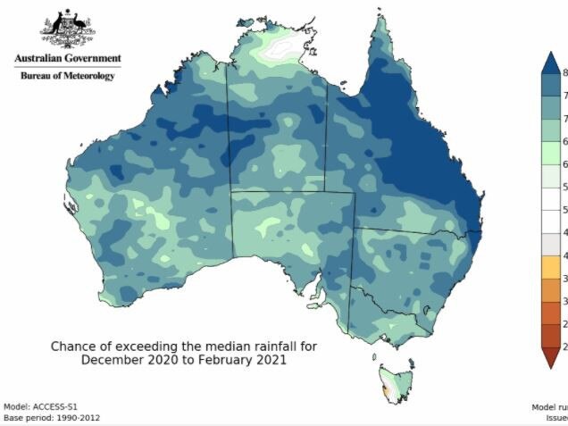 Wet, wet, wet. Chances of exceeding the median rainfall for December 2020 to February 2021. Picture: Bureau of Meterology