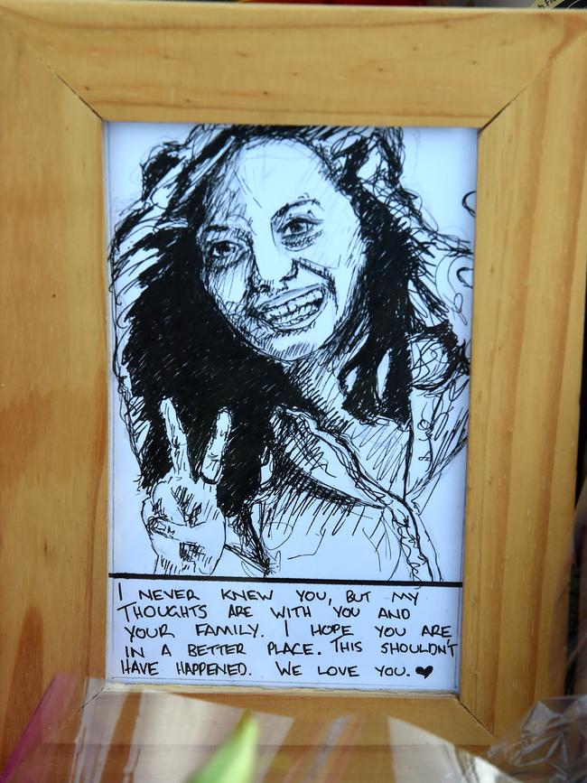 A sketch left in the sea of tributes for Aia Maasarwe. Picture: Nicole Garmston