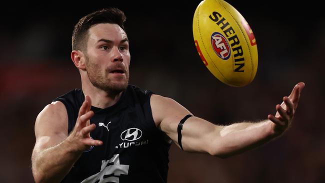 MELBOURNE - June 11 : AFL.   Mitch McGovern of the Blues during the round 13  AFL match between Carlton and Essendon at the MCG on June 11, 2023, in Melbourne, Australia. Photo by Michael Klein.