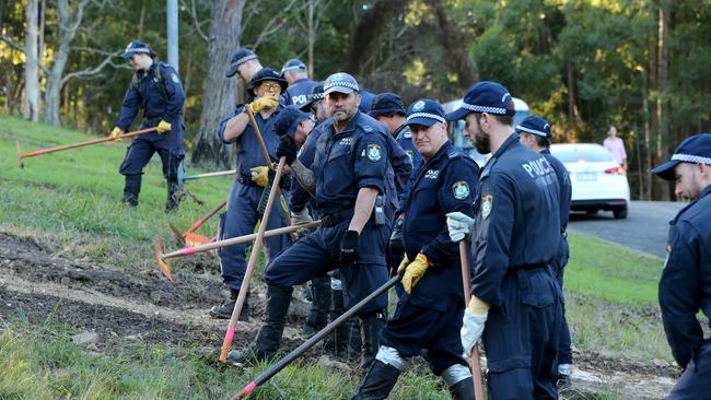 Police searching the grass opposite to where William Tyrrell went missing. Picture: Nathan Edwards