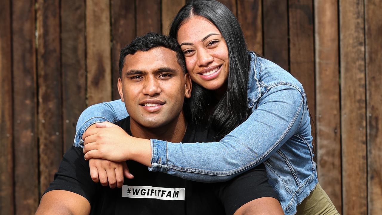 NRL star and new Bulldogs recruit Tevita Pangai Jr alongside partner Anna before his first professional fight. Picture: Zak Simmonds