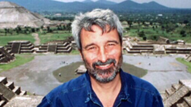 TV gardener Don Burke standing on the third largest pyramid in the world, the Temple of the Sun at the ancient city of Teotihuacan, Mexico. .p//tv/programs personality headshot alone scenic travel tourism 1997