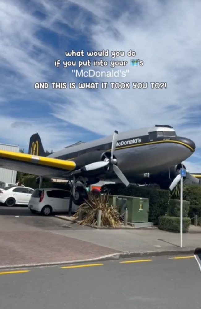 The world’s ‘coolest’ Macca’s is located in Taupo, New Zealand. Attached to the restaurant is a decommissioned DC3 plane and tourists are obsessed. Picture: TikTok/simplyyykatie