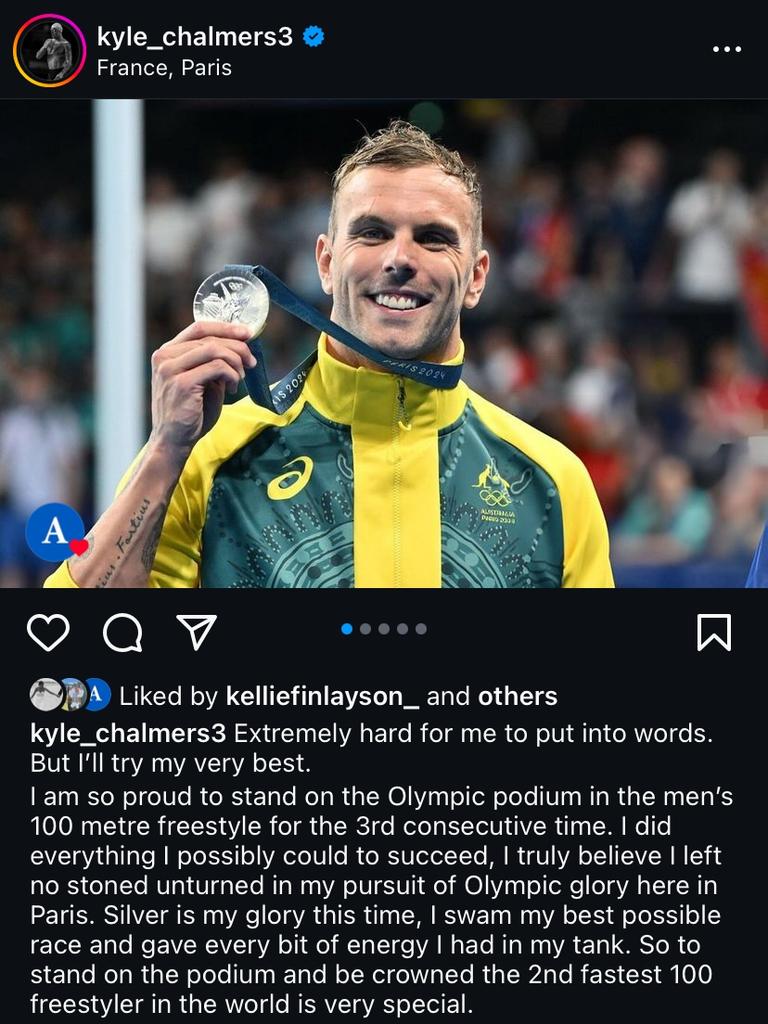 Kyle Chalmers’ Instagram post after his silver medal in the 100m freestyle at the Paris Olympics. Picture: Instagram