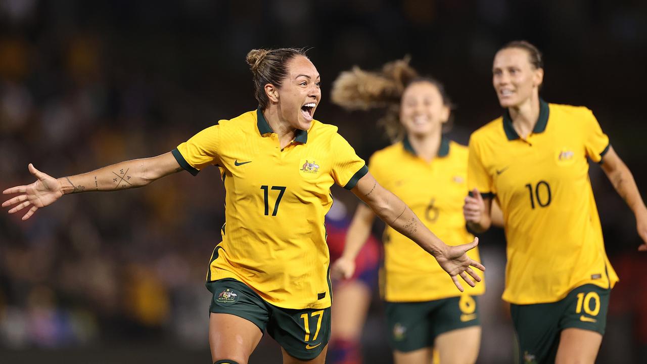 Kyah Simon scored a late equaliser for the Matildas against the USA. Picture: Cameron Spencer/Getty Images