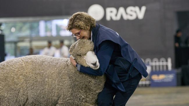 Bron Ellis, Sweetfield Corriedales, Mount Moriac, with the Corriedale champion interbreed ram at the Royal Melbourne Show. Picture: Dannika Bonser