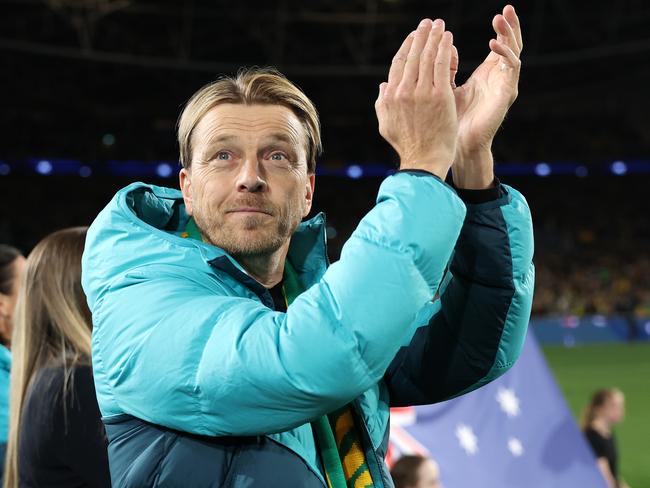 SYDNEY, AUSTRALIA - JUNE 03: Tony Gustavsson, Head Coach of Australia, thanks the crowd before the international friendly match between Australia Matildas and China PR at Accor Stadium on June 03, 2024 in Sydney, Australia. (Photo by Matt King/Getty Images)