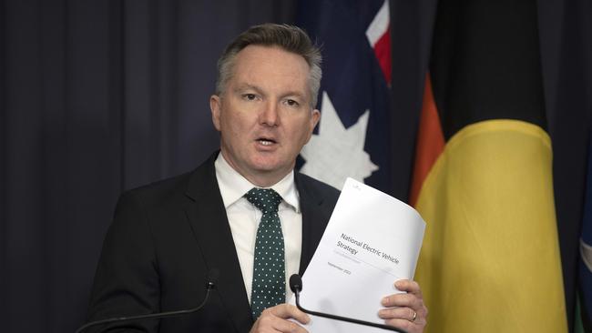 The Minister for Climate Change and Energy Chris Bowen on September 28 2022 launching the Albanese Government's National Electric Vehicle Strategy Consultation Paper at a press conference in Parliament House in Canberra. Picture: NCA NewsWire / Gary Ramage