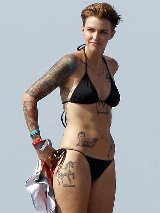 Ruby Rose shows off her impressive collection of tattoos.