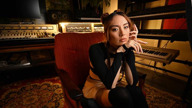 Singer Jaguar Jonze, aka Deena Lynch, during a break in the recording studio in Kelvin Grove, Brisbane. Picture: Lyndon Mechielsen/The Australian