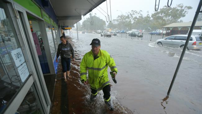 Flooded businesses on Pittwater Rd, Narrabeen, in June, 2016 when Narrabeen Lagoon was at a high flood level. Picture: John Grainger