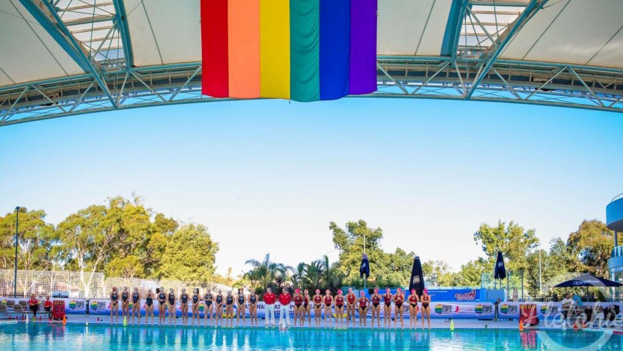 Pride flag hanging above the pool at Melbourne Collegians games.