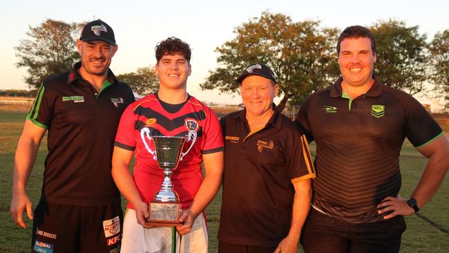 Columba Catholic College captain Max Campbell with Blackhawks sand NRL representatives after winning the 2024 Townsville Blackhawks Schoolboys Trophy. Left to right: Terry Campese (Blackhawks coach), Max Campbell, Adrian Thomson (Blackhawks operations manager), Sean Kaufman (NRL representative). Picture: Columba Catholic College Media.