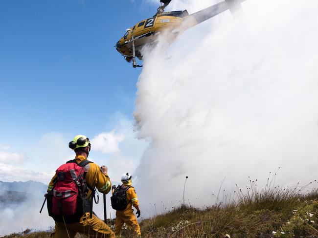 Waterbombing at the Gell River fire. Picture: WARREN FREY/TASMANIA FIRE SERVICE