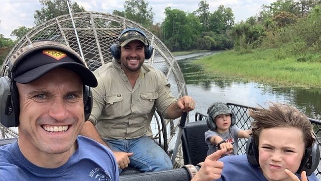 Ryan "Fitzy" Fitzgerald with Outback Wrangler Matt Wright and his boys Lenny, 6 and Hewie, 10 on their Top End adventure. Picture: Supplied.