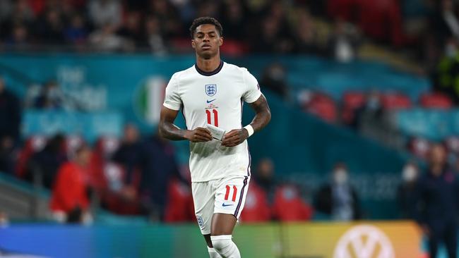 Marcus Rashford laments his penalty miss.