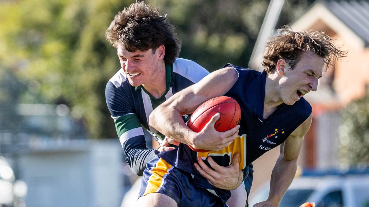 St. Patricks James Van Es lays a tackle in the Herald Sun Shield final. Picture: Jake Nowakowski