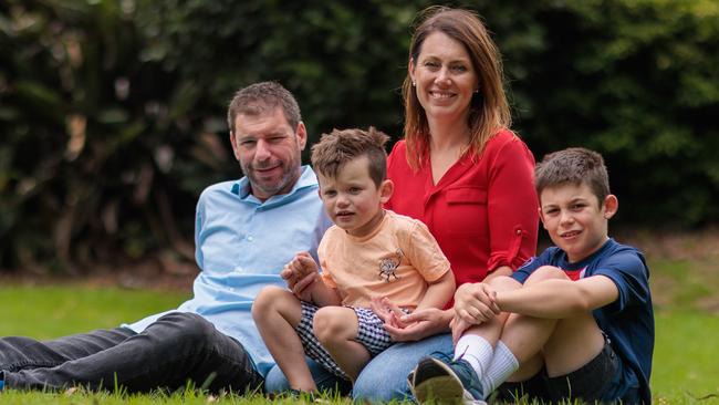 Stuart Place, Will, Vicki Place and their eldest son Angus, 8. Picture: The Australian / Nadir Kinani