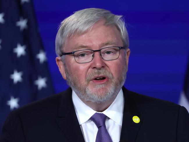 WASHINGTON, DC - MAY 26: President of the Asia Society and former Australian prime minister Kevin Rudd speaks as he introduces U.S. Secretary of State Antony Blinken during an event at Jack Morton Auditorium of George Washington University May 26, 2022 in Washington, DC. Blinken delivered a speech on the Biden administrationâs policy toward China during the event hosted by the Asia Society Policy Institute.   Alex Wong/Getty Images/AFP == FOR NEWSPAPERS, INTERNET, TELCOS & TELEVISION USE ONLY ==