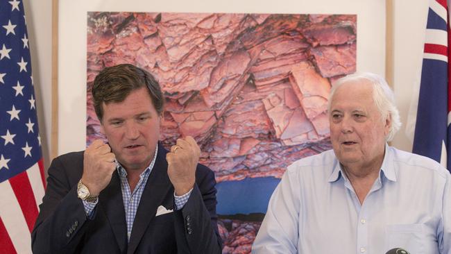 American commentator Tucker Carlson and Clive Palmer give a press conference ahead of the Australian Freedom Conference. Picture: NewsWire / Glenn Campbell