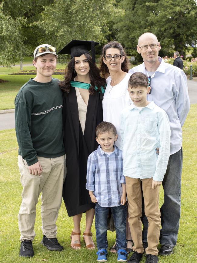 Brad Bisaro, Hayley Knott, Natalie Bligh, Nick Bligh, Olli Bligh 5 and William Bligh 12 at the UTAS Graduation at Launceston. PICTURE CHRIS KIDD