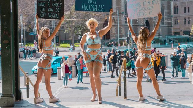 Ms Peterson (left) has been a long-time vegan and animal rights activist, and notably stormed the pitch at Optus Stadium in February 2020 during an AFLW game.