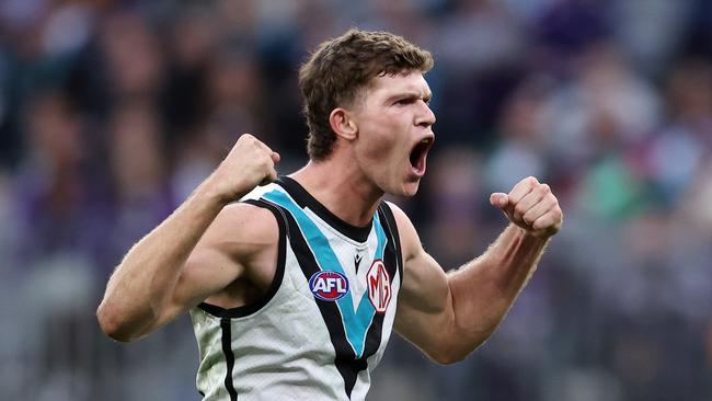 Mitch Georgiades celebrates a Power goal. Picture: Will Russell/AFL Photos via Getty Images