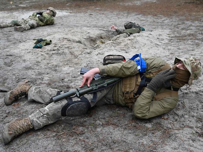 The Ukrainian Territorial Defence Forces, the military reserve of the Ukrainian Armed Forces, take part in a military drill outside Kyiv. Picture: AFP