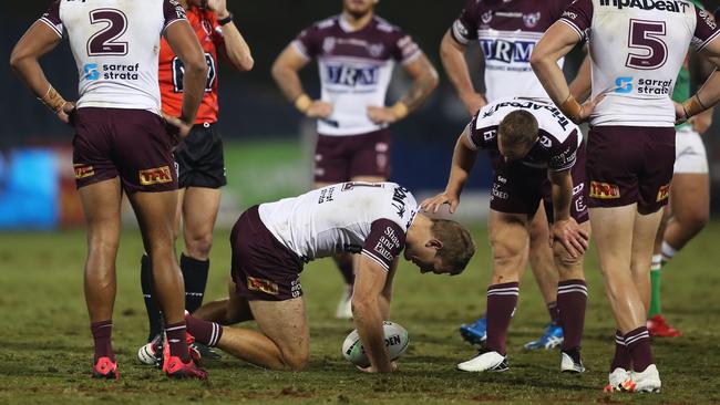 Manly's Tom Trbojevic injures his hamstring against Canberra. Picture: Brett Costello