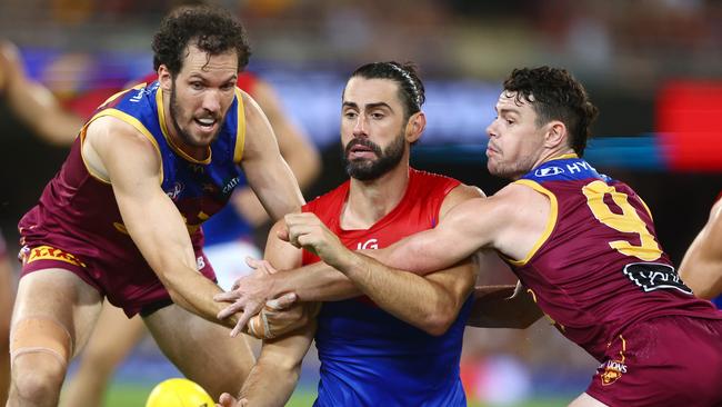 Melbourne coach Simon Goodwin pointed out post match that Brodie Grundy improved as Friday night’s game went on, and that he had missed most of the 2022 season. Picture: Getty Images