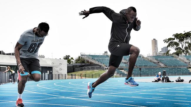 Usain Bolt trains at Albert Park athletics track in Melbourne yesterday. Picture: George Salpigtidis