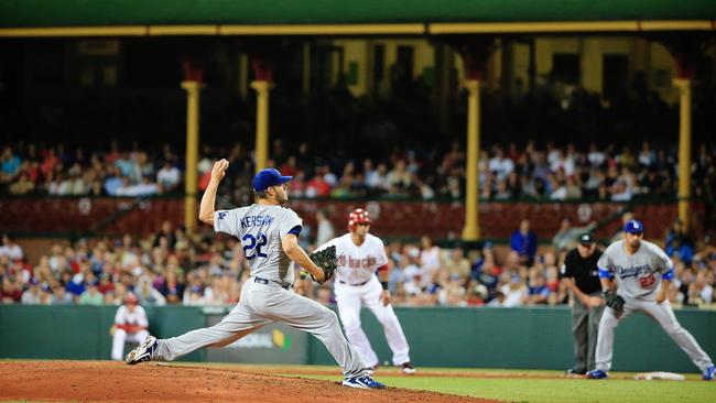 Dodgers pitcher Clayton Kershaw at the Sydney Cricket Ground during the Opening Series against the Arizona Diamondbacks. Picture: Craig Greenhill