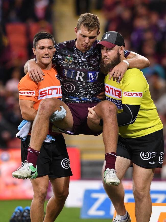 Trbojevic after injuring his ankle and knee in 2017. Picture: AAP Image/Dave Hunt