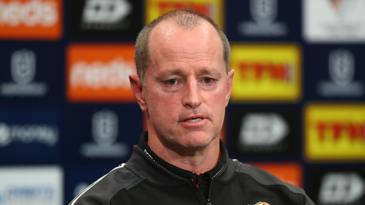 BRISBANE, AUSTRALIA - JUNE 07: Wests Tigers Head Coach Michael Maguire speaks to media after the round four NRL match between the Gold Coast Titans and the Wests Tigers at Suncorp Stadium on June 07, 2020 in Brisbane, Australia. (Photo by Chris Hyde/Getty Images)