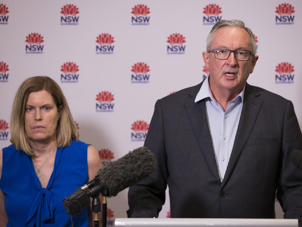 NSW Health Minister Brad Hazzard and Chief Health Officer Dr Kerry Chant at a press conference in Sydney on Saturday. Picture: Damian Shaw