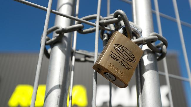 A padlock on a gate to keep fans out due to the coronavirus outbreak during the 2020 AFLW match between the St Kilda Saints and the Richmond Tigers at RSEA Park on Saturday. Picture: Getty Images