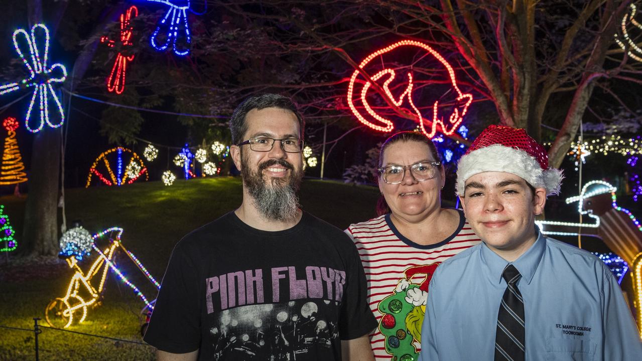 At Toowoomba's Christmas Wonderland annual Christmas lights display are (from left) Tim, Louella and Xavier Clarke in Queens Park, Saturday, December 2, 2023. Picture: Kevin Farmer