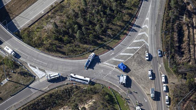 Aerial scene from the site where 10 people have died and more than 20 hospitalised after a bus carrying wedding guests crashed in the Hunter Valley. Picture: NCA NewsWire / Christian Gilles