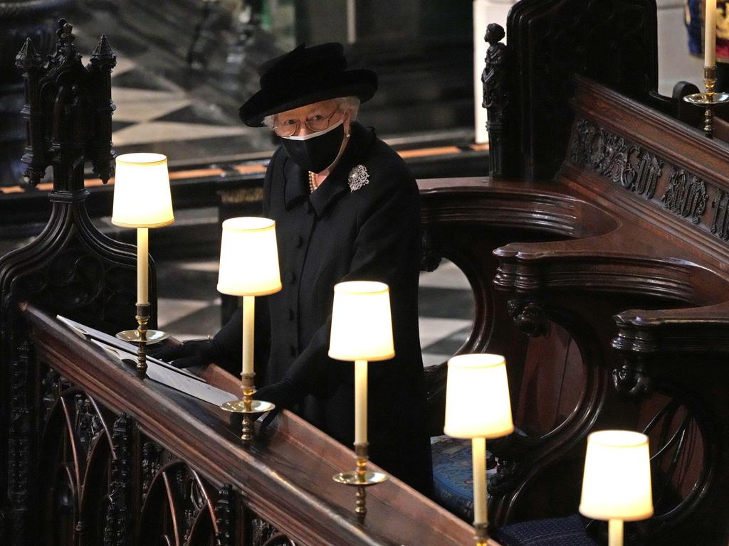 The Queen sits alone during Prince Philip’s funeral. Picture: Getty