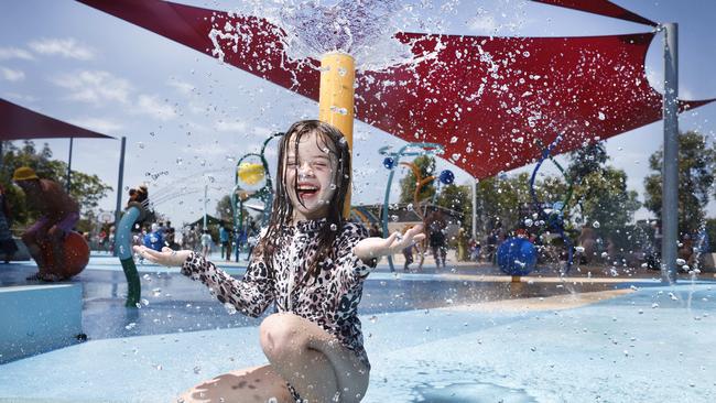 Hayden Hughes, 6, cools off at the Oran Park Splash Park. Picture: Richard Dobson