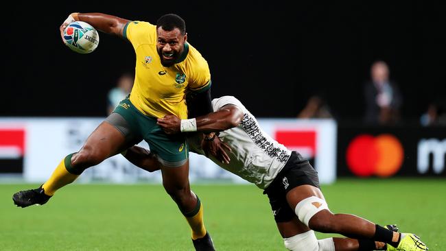 Samu Kerevi can’t be picked for the Wallabies while he’s playing in Japan. Picture: Dan Mullan/Getty Images