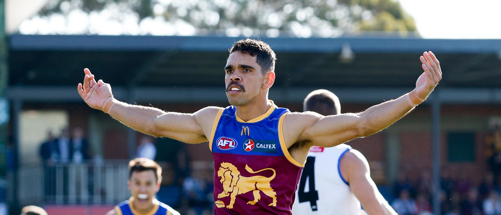 ADELAIDE, AUSTRALIA - APRIL 05: Charlie Cameron of the Lions celebrates a goal during the 2024 AFL Round 04 match between the Brisbane Lions and the North Melbourne Kangaroos at Norwood Oval on April 05, 2024 in Adelaide, Australia. (Photo by Dylan Burns/AFL Photos via Getty Images)