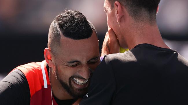 Nick Kyrgios and Thanasi Kokkinakis before their match started today. Picture: AFP Images