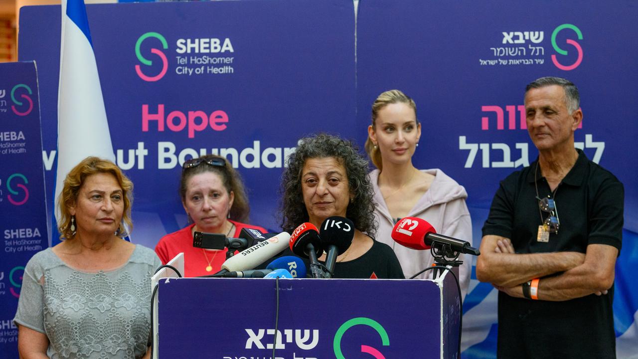 Orit Meir, Rozi Ziv, Anna Kozlov, Jennifer Master, and Yaakov Argamani, speak during a press conference with the family members of the rescued hostages at the Sheba Medical Center. Picture: Getty