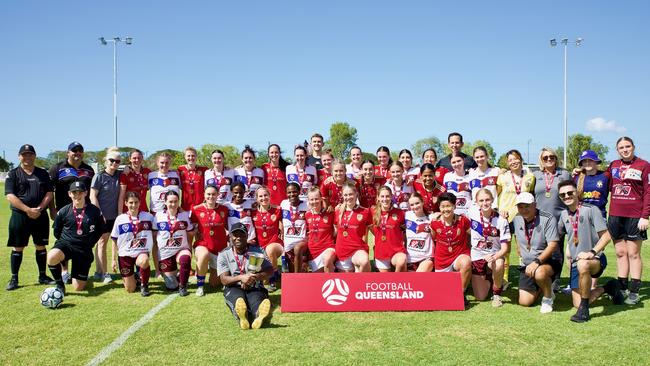 The Gold Coast Knights and MA Olympic players and staff after the clash. Picture: Sharon Woodward.